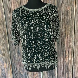 VINTAGE 80's 90's Black Silk Beaded Short Sleeve Formal Party Holiday Blouse